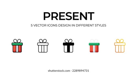 Present Icon Design in Five style with Editable Stroke. Line, Solid, Flat Line, Duo Tone Color, and Color Gradient Line. Suitable for Web Page, Mobile App, UI, UX and GUI design.