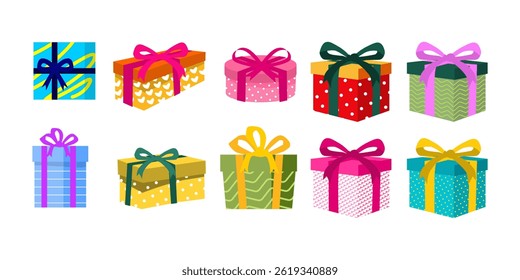 Icono de regalo de cumpleaños presente. Conjunto de iconos de caja de regalo. Estilo plano. Vector eps	
