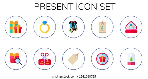 present icon set. 10 flat present icons.  Collection Of - gifts, gift, engagement ring, voucher, price tag