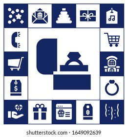 presente conjunto de iconos. 17 iconos presentes rellenos.  Iconos modernos sencillos, como: Confetti, Anillo, Carrito de compra, Etiqueta, Centro Comercial, Joyería, Regalo, Juguete, Presente, Precio, Etiqueta