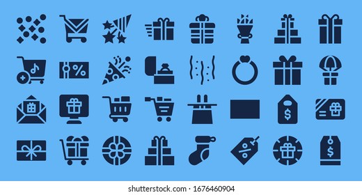 present icon set. 32 filled present icons. on blue background style Simple modern icons such as: Confetti, Shopping cart, Gift, Present, Gift voucher, Ring, Magic hat, Christmas sock