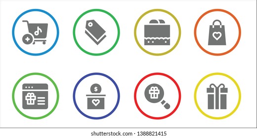 present icon set. 8 filled present icons.  Collection Of - Shopping cart, Gift, Tag, Chocolate fudge, Gift bag