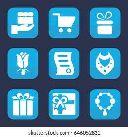 Present icon. set of 9 filled present icons such as present, necklace, gift, rose, bill of house sell