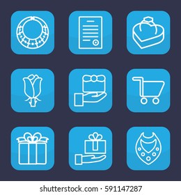 present icon. Set of 9 outline present icons such as necklace, rose, present, ring in box, bill of house, shopping cart, gift