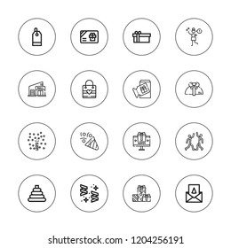 Present icon set. collection of 16 outline present icons with birthday card, confetti, gift bag, gift card, gift, gifts, mall, party, price tag, surprise, toy icons.