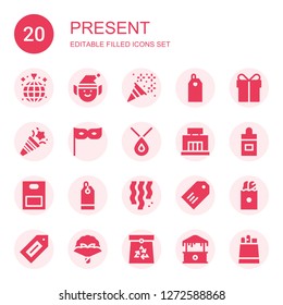 present icon set. Collection of 20 filled present icons included Disco, Elf, Confetti, Price tag, Present, Party, Necklace, Mall, Ear dropper, Paper bag, Label, Bouquet