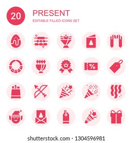 present icon set. Collection of 20 filled present icons included Chocolate egg, Jewelry, Flower bouquet, Birthday card, Sash, Necklace, Bouquet, Paw ribbon, Voucher, Price tag