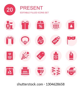 present icon set. Collection of 20 filled present icons included Toy, Present, Offer, Disco, Birthday card, Sash, Necklace, Chocolate egg, Label, Party, Greeting card, Confetti