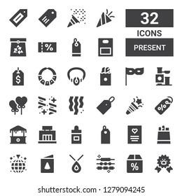 present icon set. Collection of 32 filled present icons included Paw ribbon, Offer, Jewelry, Necklace, Birthday card, Disco, Paper bag, Greeting card, Price tag, Ear dropper, Mall