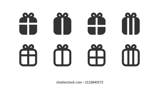 Present icon set. Gift box symbol. Xmas and birhtday giftbox sign in vector flat style.
