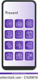 conjunto de iconos actual. incluido calendario, regalo, megáfono, tienda en línea, tienda, camisa, paquete, como, vale, abierto, internet, íconos del carro sobre el fondo del diseño del teléfono. estilos lineales.