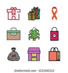 present icon set. vector set about ribbon, shopping bag, christmas tree and gift icons set.