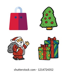 present icon set. vector set about christmas tree, christmas present, shopping bag and santa claus icons set.
