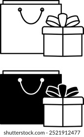 Present Icons. Black and White Vector Icons. Shopping Bag and Gift Box with Bow. Holiday and Shopping Concept