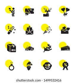 present icons. Editable 16 present icons. Included icons such as Percent, Surprised, Santa claus, Engagement ring, Discount voucher, Gift, Car toy. present trendy icons for web.
