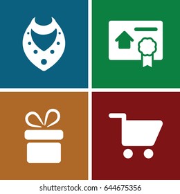 Present icons set. set of 4 present filled icons such as present, necklace, bill of house sell