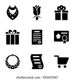 present icons set. Set of 9 present filled icons such as necklace, rose, present, gift, bill of house sell, bill of house