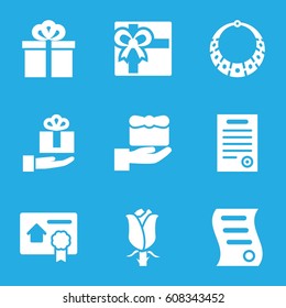 Present icons set. set of 9 present filled icons such as gift, rose, bill of house sell, bill of house, gift on hand