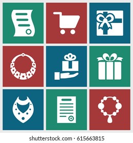 Present icons set. set of 9 present filled icons such as necklace, gift, present, bill of house sell, bill of house, shopping cart
