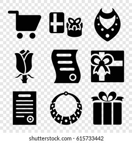 Present icons set. set of 9 present filled icons such as necklace, gift, rose, present, bill of house sell, bill of house