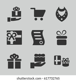 Present icons set. set of 9 present filled icons such as present, necklace, gift, bill of house sell, shopping cart