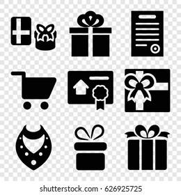 Present icons set. set of 9 present filled icons such as present, necklace, gift, bill of house sell, bill of house
