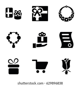 Present icons set. set of 9 present filled icons such as present, necklace, gift, rose, bill of house sell, shopping cart