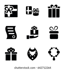 Present icons set. set of 9 present filled icons such as present, necklace, gift, bill of house sell