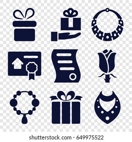 Present icons set. set of 9 present filled icons such as present, necklace, rose, bill of house sell
