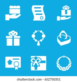 Present icons set. set of 9 present filled icons such as necklace, gift, ring in box, bill of house sell
