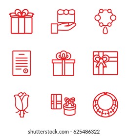 Present icons set. set of 9 present outline icons such as necklace, gift, rose, present