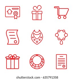 Present icons set. set of 9 present outline icons such as present, necklace, bill of house sell, bill of house