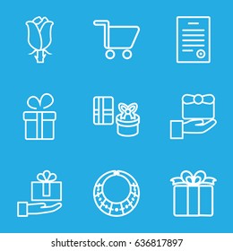 Present icons set. set of 9 present outline icons such as present, rose, bill of house, shopping cart, gift, necklace