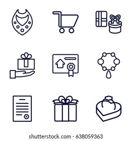 Present icons set. set of 9 present outline icons such as necklace, present, ring in box, bill of house sell, bill of house, shopping cart, gift