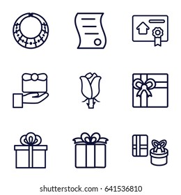 Present icons set. set of 9 present outline icons such as gift, rose, present, bill of house sell