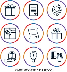 Present icons set. set of 9 present outline icons such as necklace, gift, rose, present, bill of house sell, bill of house