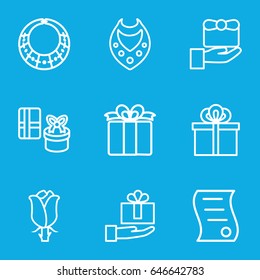 Present icons set. set of 9 present outline icons such as necklace, rose, present, gift, bill of house sell