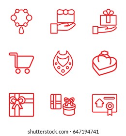 Present icons set. set of 9 present outline icons such as necklace, gift, ring in box, bill of house sell, shopping cart