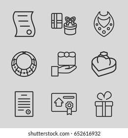 Present icons set. set of 9 present outline icons such as present, necklace, ring in box, bill of house sell, bill of house