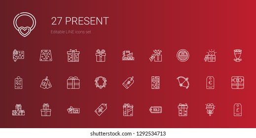 present icons set. Collection of present with gift, tag, gifts, voucher, bow, price tag, necklace, mall, bouquet, supermarket gift, paper bag. Editable and scalable present icons.
