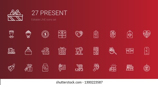 present icons set. Collection of present with gift, gifts, wrapping, wedding gift, tag, toy, supermarket gift, engagement ring, mall, label. Editable and scalable present icons.