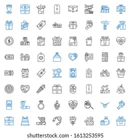 present icons set. Collection of present with gift, gifts, bouquet, toy, paper bag, necklace, engagement ring, price tag, tag, confetti, wrapping. Editable and scalable present icons.