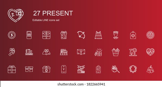 conjunto de iconos presentes. Colección de regalo con regalo, etiqueta, regalos, centro comercial, ramo, bolso de papel, arco, etiqueta de precio, collar, caja de chocolate, juguete, anillo de compromiso. Iconos actuales editables y escalables.
