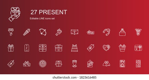 conjunto de iconos presentes. Colección de regalo con regalo, ramo, regalos, etiqueta de precio, etiqueta, bolso de papel, juguete, vale, tarjeta de regalo, anillo de compromiso, arco. Iconos actuales editables y escalables.