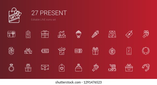 present icons set. Collection of present with gifts, gift, engagement ring, tag, paper bag, confetti, bouquet, toy, necklace, price tag, gift card. Editable and scalable present icons.