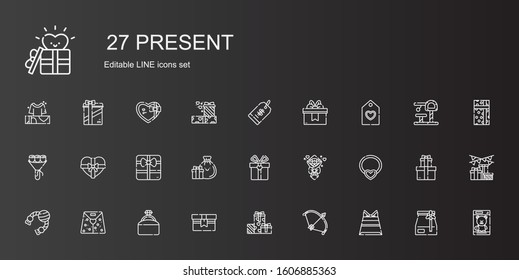 present icons set. Collection of present with paper bag, bow, gifts, engagement ring, toy, necklace, bouquet, gift, tag, price tag. Editable and scalable present icons.