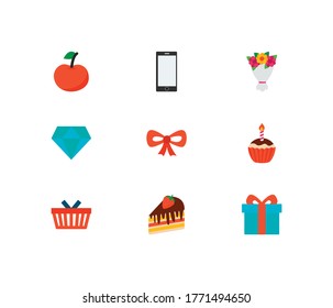 Los iconos actuales se configuran. Pastel y iconos presentes con arco, ramo y presente. Conjunto de panadería para el diseño de la interfaz de usuario del logotipo de la aplicación web.