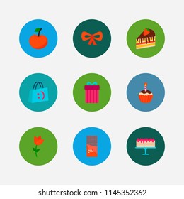 Present icons set. Flower and present icons with cake, bow and chocolate. Set of natural for web app logo UI design.