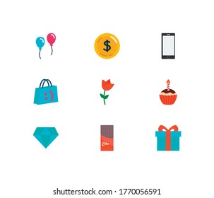 Present icons set. Flower and present icons with shopping bag, phone and balloon. Set of decor for web app logo UI design.