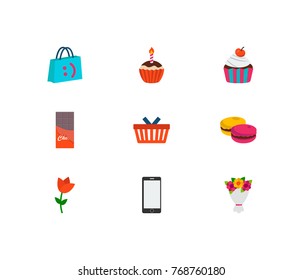 Present icons set with flower, shopping basket and chocolate elements. Set of present icons also including muffin shopping basket for your web app logo UI design.